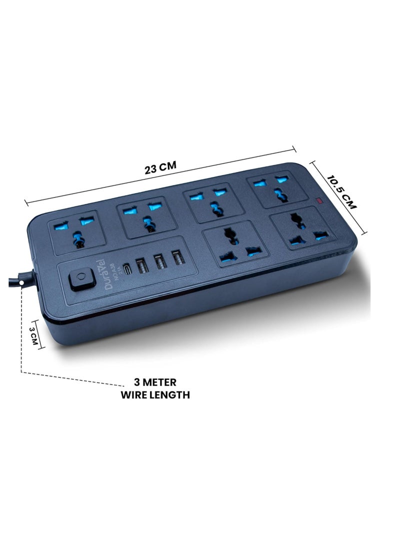 Duravel Universal Extension Lead/Cord with Multiple Functions, UK 3-Pin Plug Socket with 6 Outlets | 3 USB Ports | 1 Type-C Cable Port, 2M Power Strip for Home, Kitchen, and Office (BLACK) - Image 5
