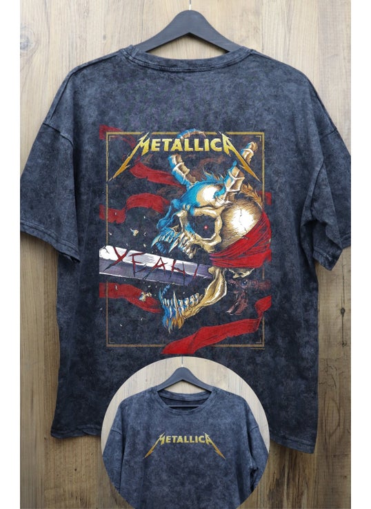 Fuddy Fashion Unisex Sword Metallica Back Printed Washed T-Shirt, Oversize Rock-Metal Printed Vintage T-Shirt