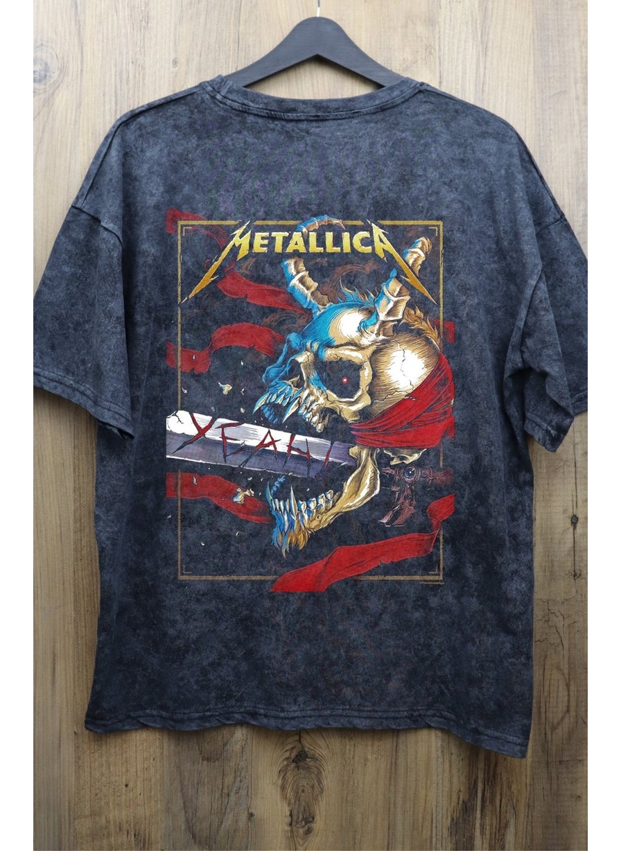 Fuddy Moda - Fuddy Fashion Unisex Sword Metallica Back Printed Washed T-Shirt, Oversize Rock-Metal Printed Vintage T-Shirt - Image 1