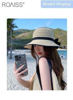 roaiss Women's Wide Brim Bow Decor Straw Hat, Cool Breathable Sun Protection Ponytail Hat, Summer Beach Outdoor Hat Garden Fishing Hiking  - Image 2