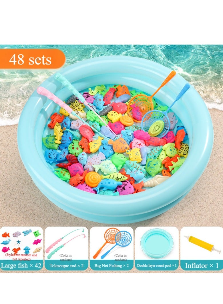 Magnetic Fishing Pool Toy Game for Kids 3-5 4-8 Years Old, Fishing Water Table Bathtub Toy with Inflatable Pool Pole Net Plastic Floating Fish, Aqua Pool Outdoor Toy for Toddler Babies - Image 1