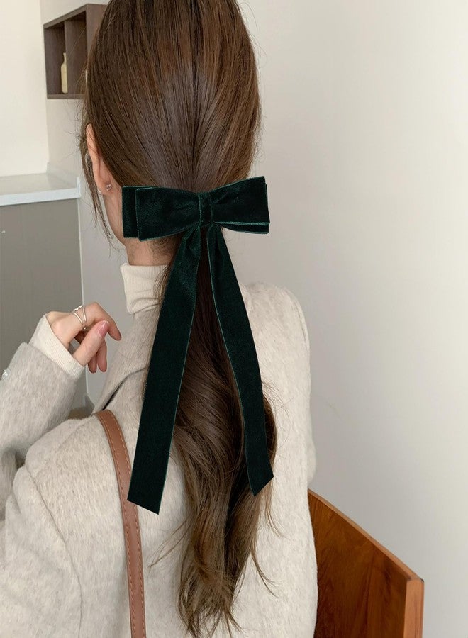 Miroksh 5.5" Dark Green Velvet Ribbon Hair Bow Clips with Tails Christmas Velvet Ribbon Cheer Bow Barrettes Alligator Hair Pins New Year Part Dress Decor Accessory For Women Teen Toddler Girls - Image 4