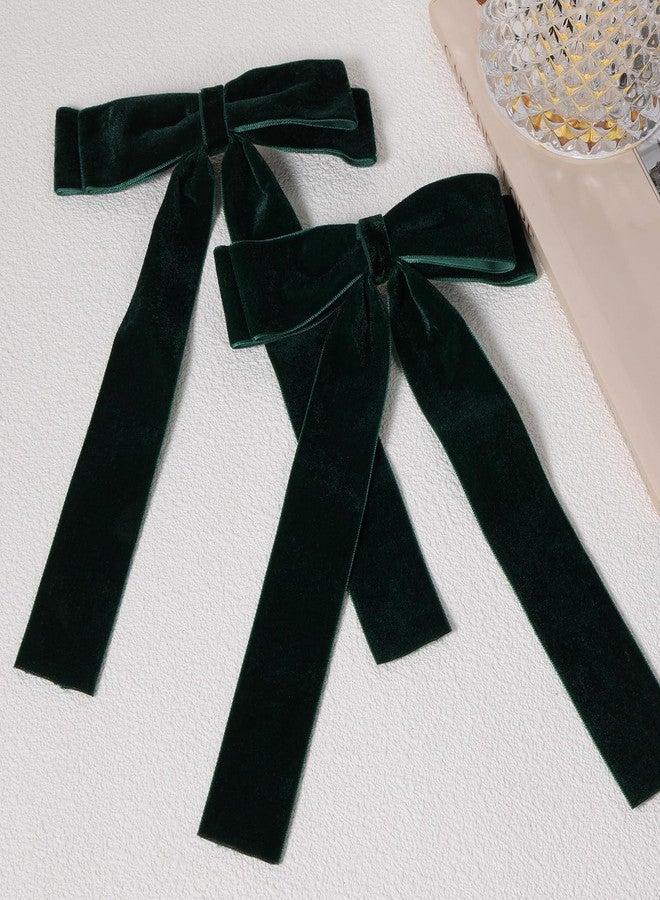 Miroksh 5.5" Dark Green Velvet Ribbon Hair Bow Clips with Tails Christmas Velvet Ribbon Cheer Bow Barrettes Alligator Hair Pins New Year Part Dress Decor Accessory For Women Teen Toddler Girls - Image 2