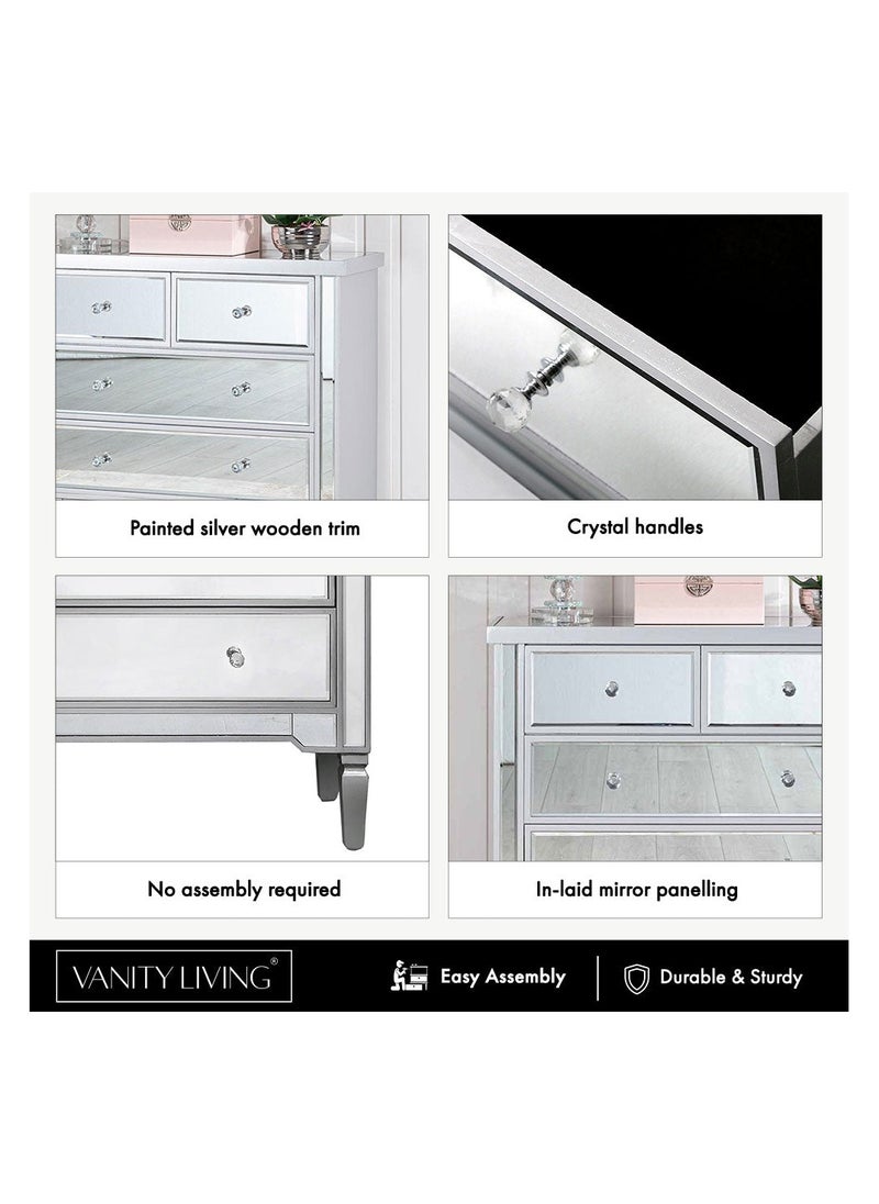 VANITY LIVING VANITY LIVING Stylish Chest of Drawers with 4 Drawers - Treviso Silver Mirrored Finish - Elegant and Functional Storage Solution for Bedroom or Living Room - Durable, Modern Design with Reflective Silver Accents  - Image 4