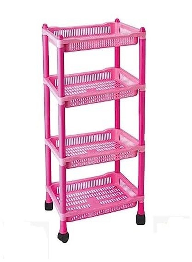 NEWON 4 Tier with Wheel Multipurpose Kitchen Storage Organizer Folding Rack Plastic Kitchen Trolley (4 Layer, Pink) - Image 1