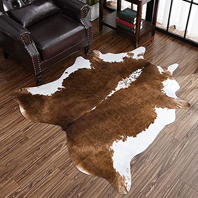 HOMORE Cowhide Rug, Cute Cow Print Rug for Living Room Faux Cow Hide Animal Print Carpet for Bedroom Office Table, 4.6 x 5.2 Feet, Khaki Brown - Image 4
