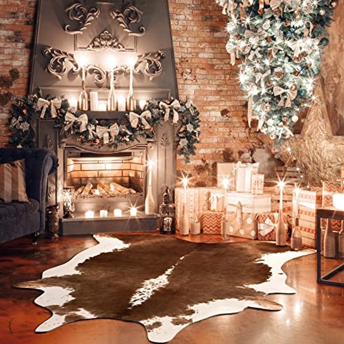 HOMORE Cowhide Rug, Cute Cow Print Rug for Living Room Faux Cow Hide Animal Print Carpet for Bedroom Office Table, 4.6 x 5.2 Feet, Khaki Brown - Image 5
