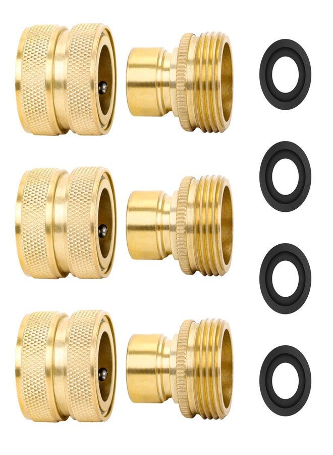 STYDDI Brass Garden Hose Quick Connect Fitting, 3 Set 3/4” GHT Solid Brass Water Hose Quick Connector with Male and Female, Full Flow, with 4 Washers - Image 1