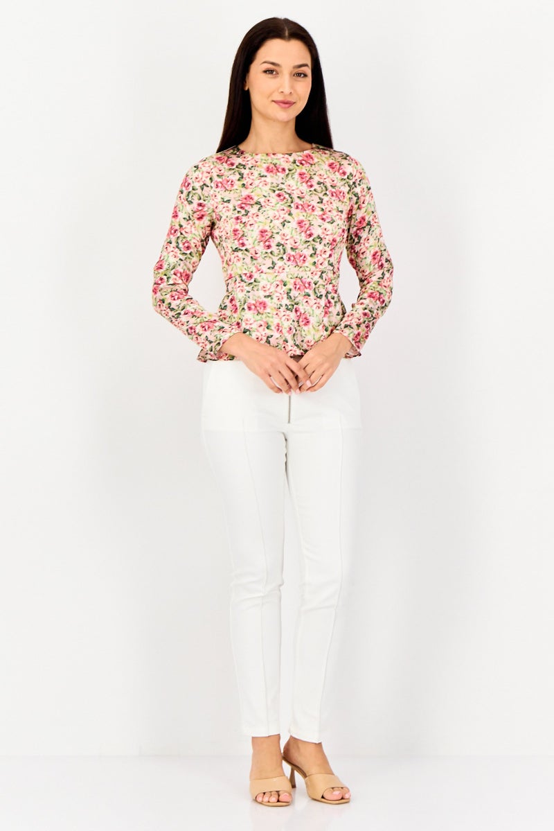 VERO MODA بلوزة نسائية بأكمام طويلة مزينة بطبعة زهور من فيرو مودا، متعددة الألوان - Image 3