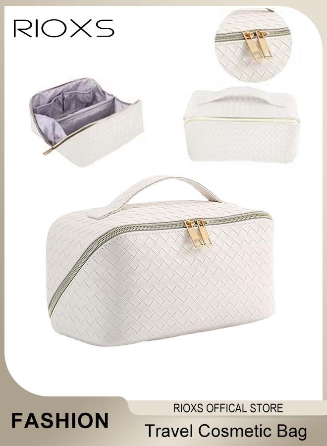 RIOXS Toiletry Bags, Large Capacity Travel Cosmetic Bags, Travel Makeup Bag for Women,  Waterproof PU Leather Checkered Makeup Organizer Bag with Dividers and Handle, Ladies Multifunctional Make-up Organizer, Portable Open Flat Cosmetic Toiletry Bags, Cosmetic Pouch Gifts for Women/ Mam/ Friends, White 24*14*13cm - Image 1