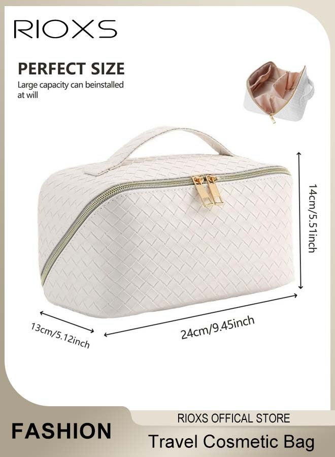 RIOXS Toiletry Bags, Large Capacity Travel Cosmetic Bags, Travel Makeup Bag for Women,  Waterproof PU Leather Checkered Makeup Organizer Bag with Dividers and Handle, Ladies Multifunctional Make-up Organizer, Portable Open Flat Cosmetic Toiletry Bags, Cosmetic Pouch Gifts for Women/ Mam/ Friends, White 24*14*13cm - Image 2