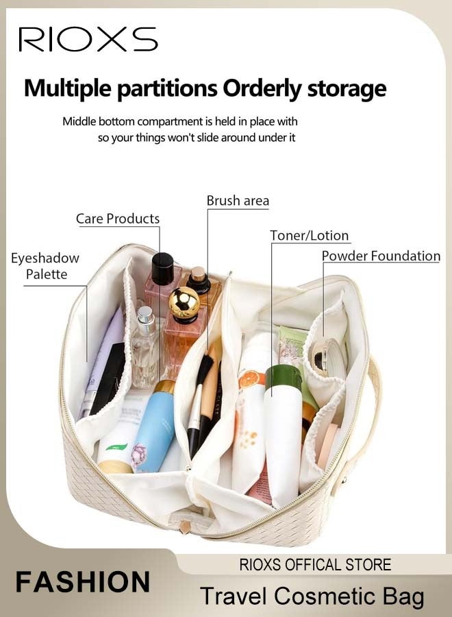 RIOXS Toiletry Bags, Large Capacity Travel Cosmetic Bags, Travel Makeup Bag for Women,  Waterproof PU Leather Checkered Makeup Organizer Bag with Dividers and Handle, Ladies Multifunctional Make-up Organizer, Portable Open Flat Cosmetic Toiletry Bags, Cosmetic Pouch Gifts for Women/ Mam/ Friends, White 24*14*13cm - Image 3
