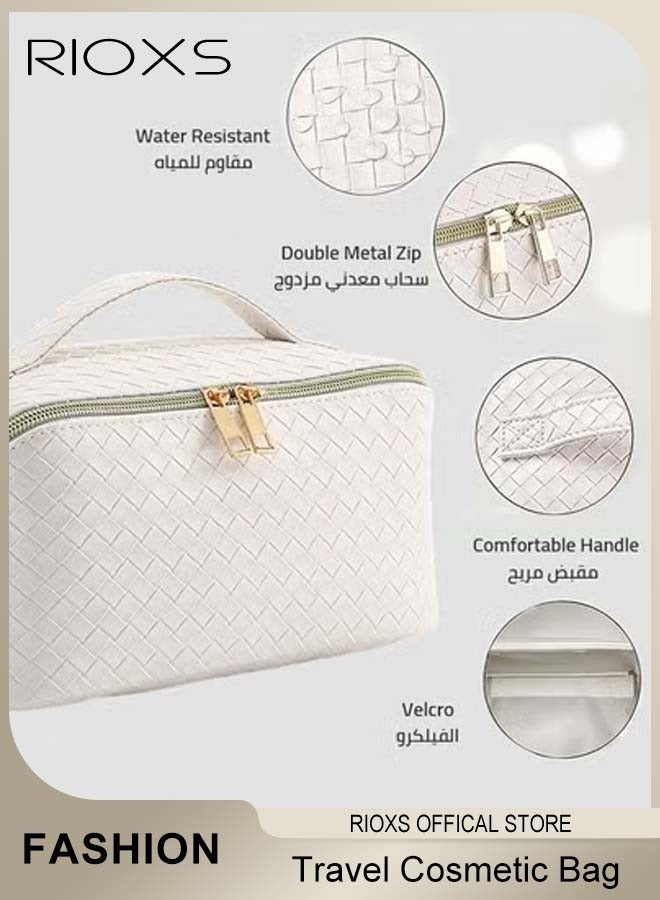 RIOXS Toiletry Bags, Large Capacity Travel Cosmetic Bags, Travel Makeup Bag for Women,  Waterproof PU Leather Checkered Makeup Organizer Bag with Dividers and Handle, Ladies Multifunctional Make-up Organizer, Portable Open Flat Cosmetic Toiletry Bags, Cosmetic Pouch Gifts for Women/ Mam/ Friends, White 24*14*13cm - Image 4