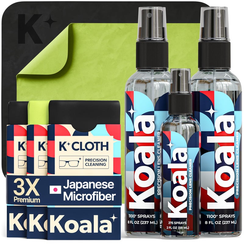 Koala Lifestyle Koala Eyeglass Lens Cleaner Spray Kit | (2x) 8oz + (1x) 2oz Glasses Cleaner Bottle + (3x) Microfiber Cloth | Alcohol Free Eyeglasses, Screen, and Camera Cleaning Kit (6 Piece Set)  - Image 1