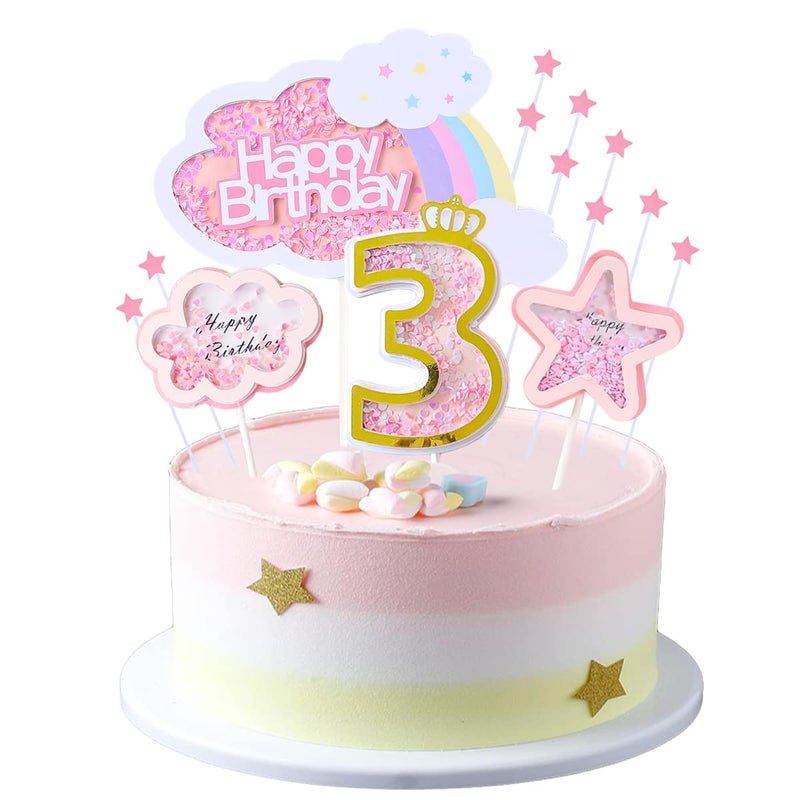 Kawailay Baby Boy 3st Birthday Cake Decoration Set Third Birthday Cake Topper with Rainbow Clouds Stars Cake Picks Three Year Old Cake Topper for Boys Birthday Party Supplies Pink - Image 2