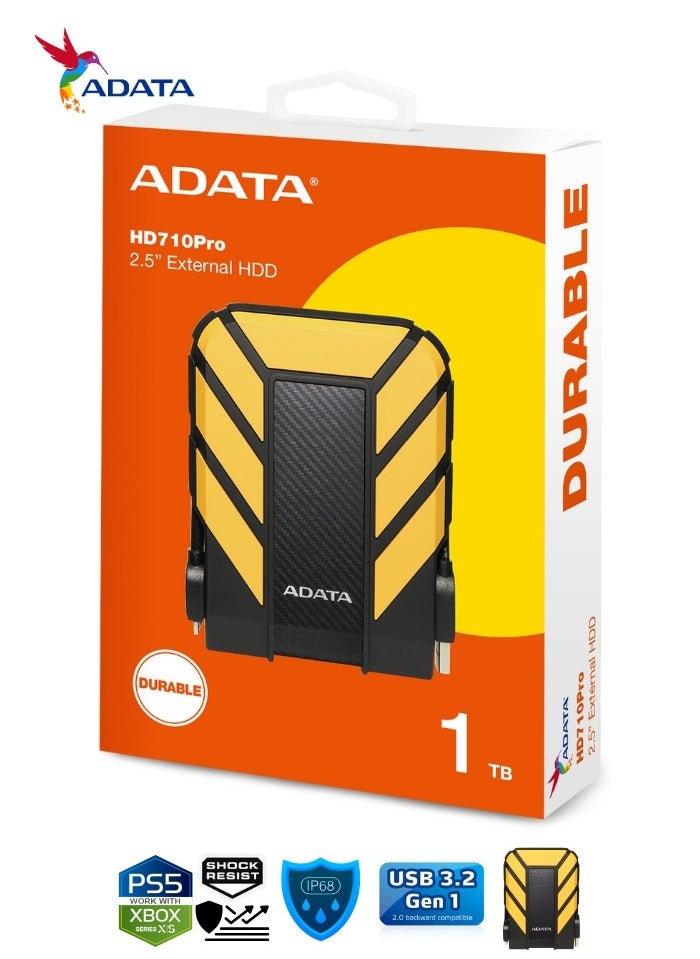 ADATA HD710 Pro DURABLE 1TB External HDD | Fast Data Anti-Shock Hard Drive | Compatible with PS5 XBOX | Shockproof Waterproof | Yellow  - Image 2