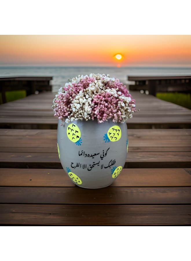 Pottery Plant Pot with natural immortal baby flowers - grey - 15*10 cm