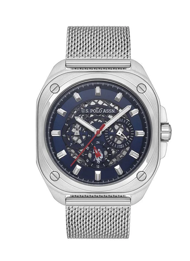 U.S. Polo Assn. U.S. Polo Assn. Crossing 43.50mm Men's Watch with Bold Blue Skeleton Dial and Stylish Milanese Mesh Band - Modern Elegance Personified