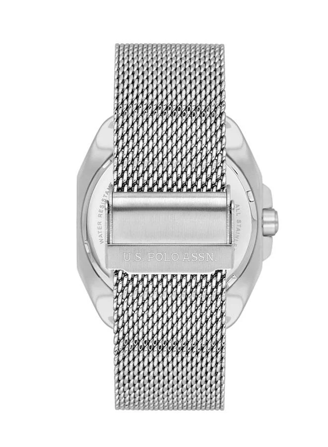 U.S. Polo Assn. Crossing 43.50mm Men's Watch with Bold Blue Skeleton Dial and Stylish Milanese Mesh Band