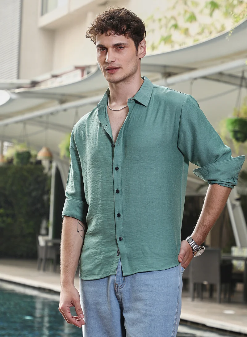كامبوس سوترا قميص رجالي أخضر بحري مجعد خفيف
