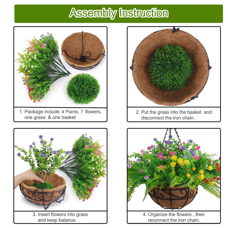Elecxlink Artificial Fake Hanging Plants Flowers Basket for Outdoor Spring Summer Decorarion, UV Resistant Faux Rose Eucalyptus Boston Ferns Plants for Indoor Outside Garden Porch Patio Balcony Decor - Image 2