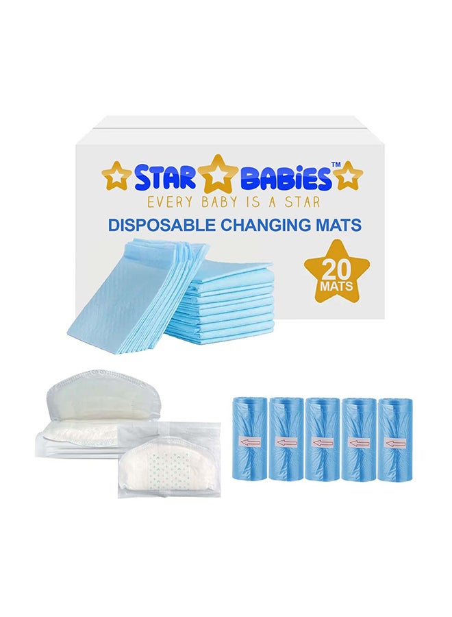 STAR BABiES Combo Pack - 20 Pieces Disposable Changing Mat/5 Pieces Scented Bag With 5 Pieces Disposable Breast Pad - Blue - Image 1