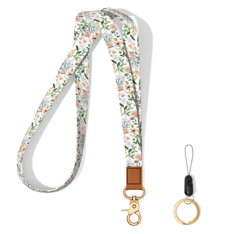 Hsxnam Neck Lanyard Key Chain, Long Lanyard Strap Keychain Holder for Women Men Car Keys ID Badges Card Wallet Phone Camera, White Wideflowers, 8x0.3 inch - Image 1