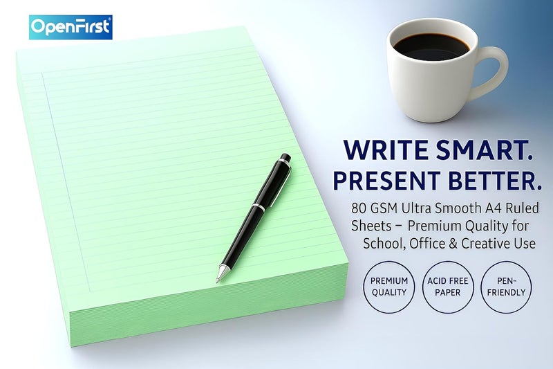 OPENFIRST ® A4 Mint Green Ruled Assignment Sheets – 80 GSM Premium Ultra Smooth Paper | Single Side Ruled | Ideal for School, Office, Notes, Projects & more (Pack of 100) - Image 2
