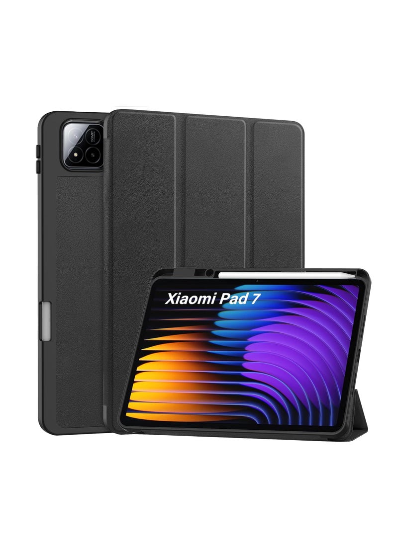 Case Cover Compatible with Xiaomi Pad 7/7 Pro, Slim Lightweight Cover with Pen Holder, Magnetic PU Case, Multi-Angle Adjustable, Auto Wake / Sleep (Black) - Image 1