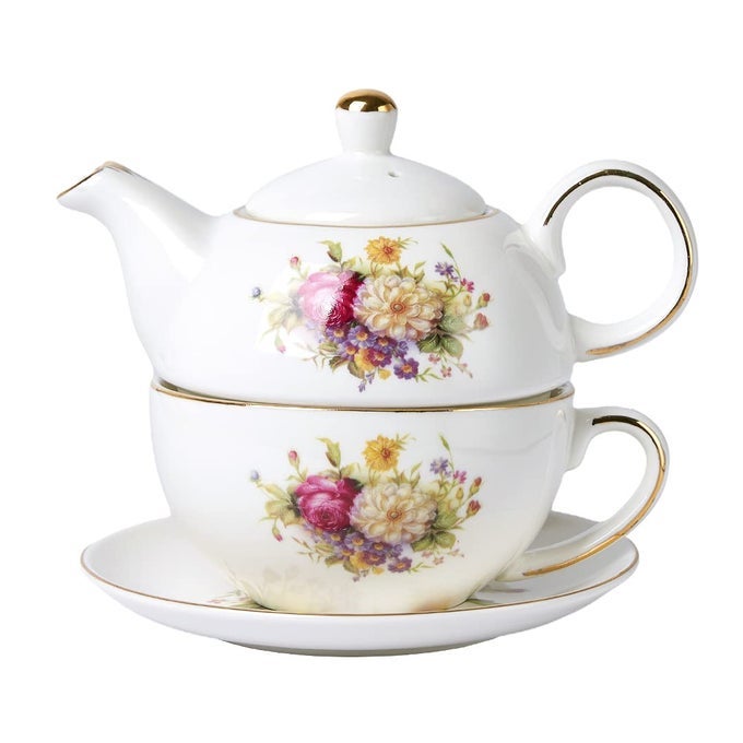 EUROPEAN PORCELAIN TEA FOR ONE VINTAGE FLORAL TEAPOT AND SAUCER SET GOLD TRIM FLORAL TEAPOT TEA CUP WITH SAUCER SET