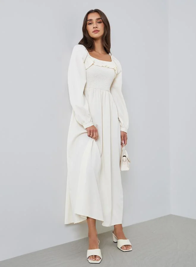 Styli Cream A-Line Maxi Dress with Ruffle Detail