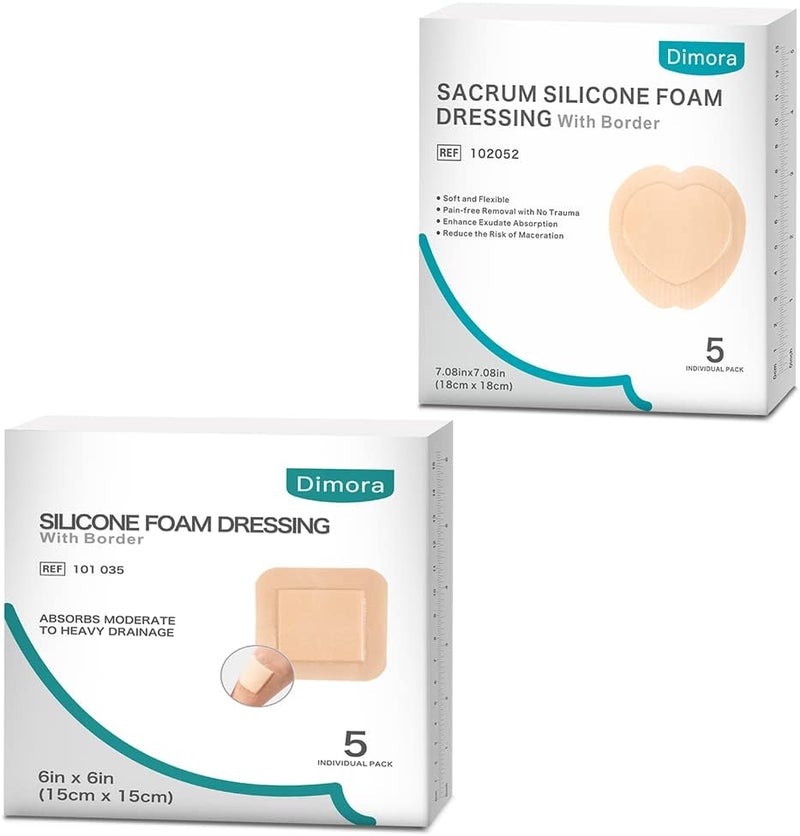 Dimora Silicone Foam Dressing with Border Adhesive 6x6 5 Pack  Sacrum Foam 7x7 Sacral Pads Absorbent Breathable Bed Sore Pressure Dressing - Image 1