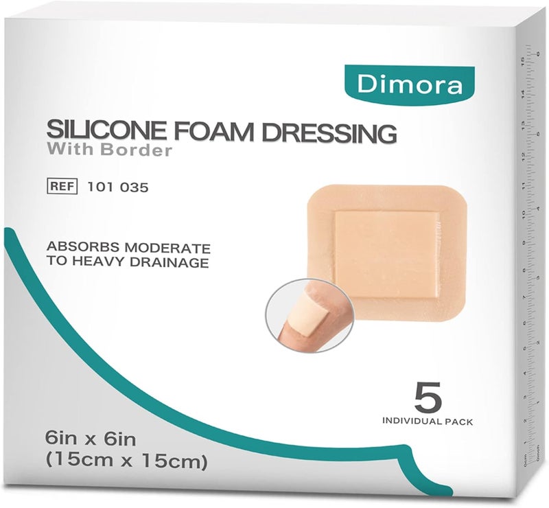 Dimora Silicone Foam Dressing with Border Adhesive 6x6 5 Pack  Sacrum Foam 7x7 Sacral Pads Absorbent Breathable Bed Sore Pressure Dressing - Image 2