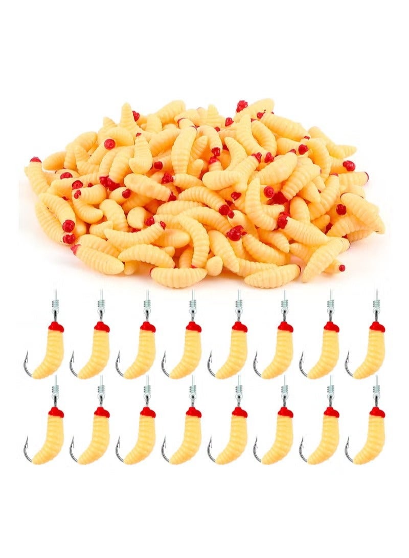 Fake Fishing ait, 200 Pcs Soft Maggot Baits Fake Worms for Fishing Bass Fishing Lures for Freshwater Artificial Wax Worms Gross Plastic Worms, for Freshwater Saltwater Lake Trout Ice Fishing - Image 1