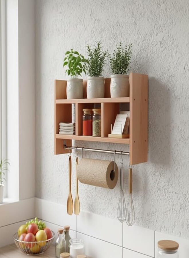 Wooden Kitchen Wall Shelf with Paper Towel Holder, Multi-Tier Floating Spice Rack Organizer, Natural Wood, 50x30cm