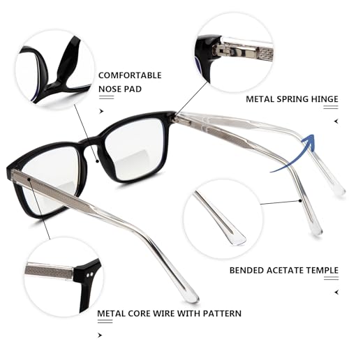 DEHOTRE Bifocal Reading Glasses for Men Clear Top Computer Readers with Metal Core Wire Acetate Frame/Temple Anti Blue Light Black 1.50 - Image 3
