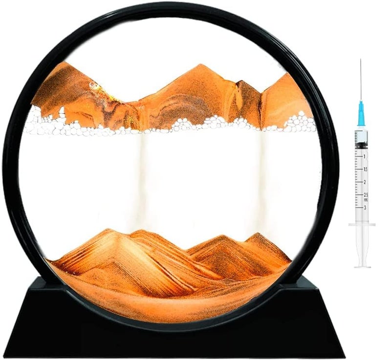 FEBLICH 3D Moving Sand Art Picture Glass Liquid Painting Natural Landscape Showpieces for Home Decor, Antique Gifts for Kids, Office Desktop Decoration, Desk Table Decorative Items (Orange) - Image 1