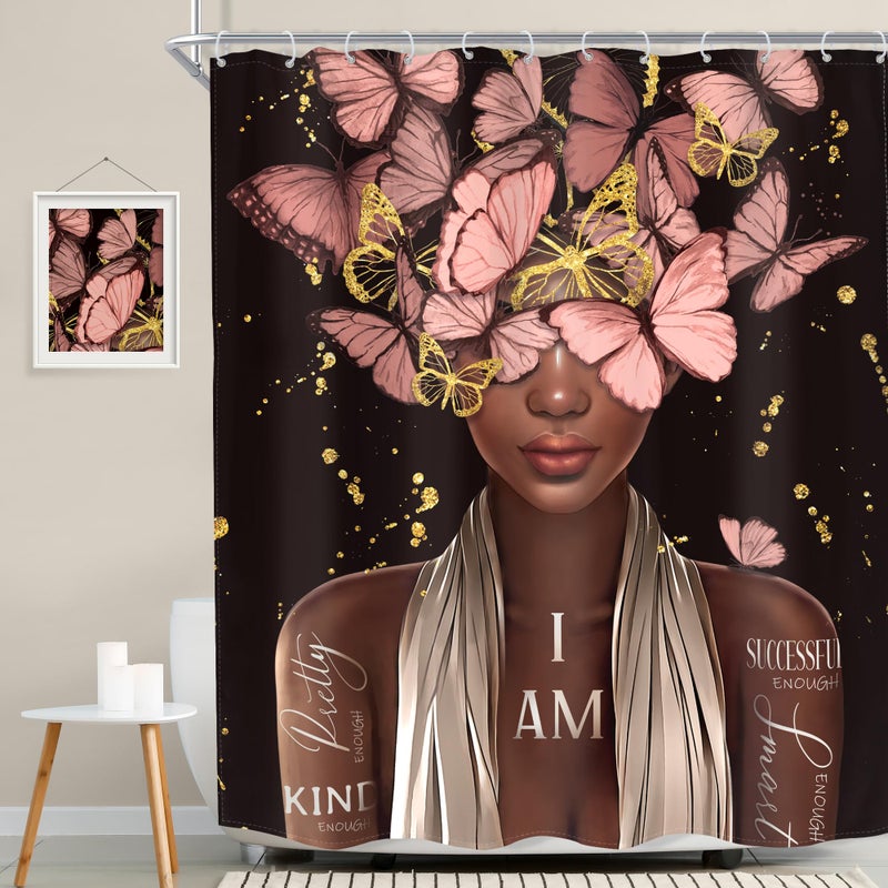 MESHELLY Black and Pink Shower Curtain 60Wx72H Black Woman Gold Butterfly Shower Curtain African American Vintage Inspiration Quote Afro Lady Bath Curtain Fabric Black Girl Bathroom Decor with 12 Hook - Image 2