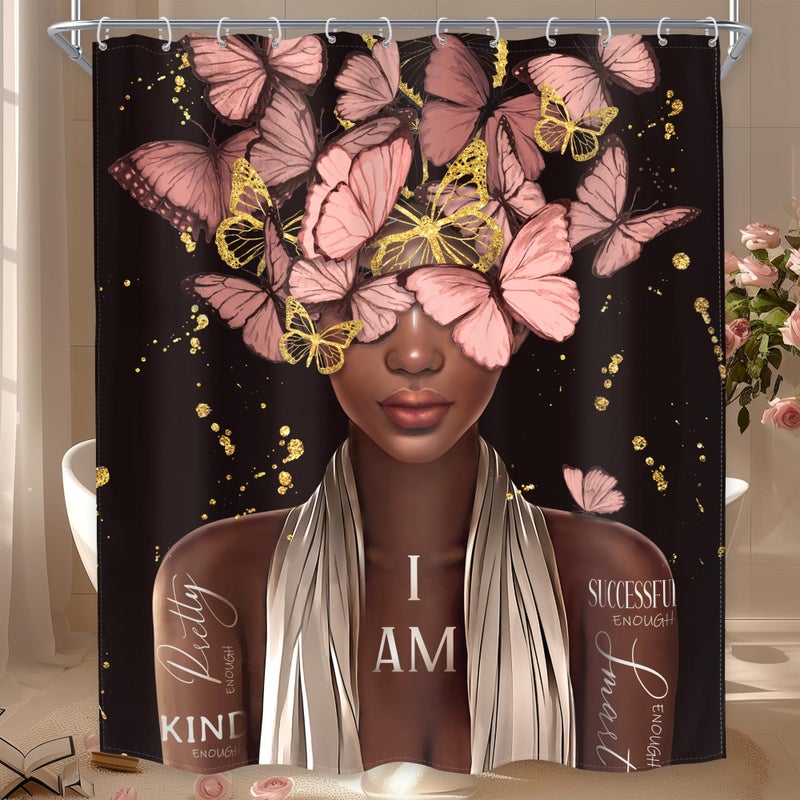 MESHELLY Black and Pink Shower Curtain 60Wx72H Black Woman Gold Butterfly Shower Curtain African American Vintage Inspiration Quote Afro Lady Bath Curtain Fabric Black Girl Bathroom Decor with 12 Hook - Image 3