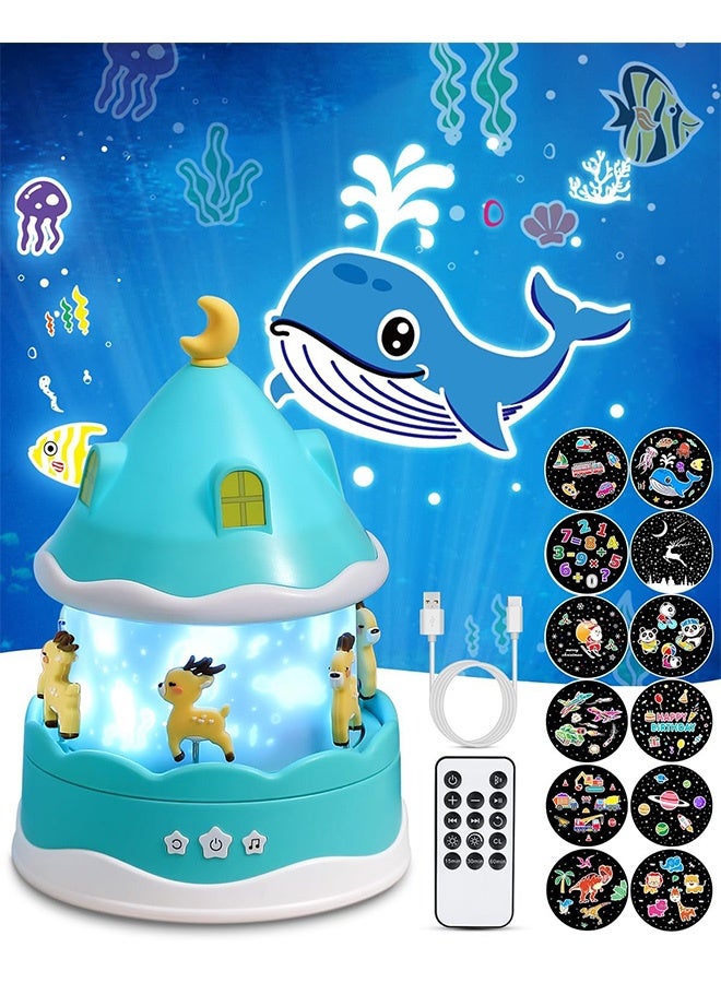 جهاز عرض ضوء ليلي للأطفال، 12 موسيقى و12 فيلمًا ضوئيًا مع مؤقت وجهاز تحكم عن بعد كهدية للأطفال، مصباح ليلي قابل لإعادة الشحن عبر USB، يدور 360 درجة، ضوء نوم للأطفال والبالغين - Image 1