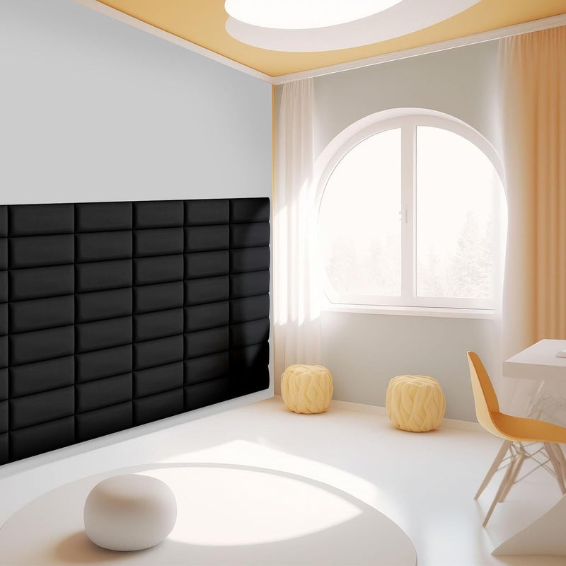Elvone Upholstered Headboard Panels, 4 Panels Sized 7.8" x 15.7" Peel and Stick Padded Wall Panels for Kids, 3D Anti-Collision Wall Mounted Bed headboard for Full, Black - Image 4