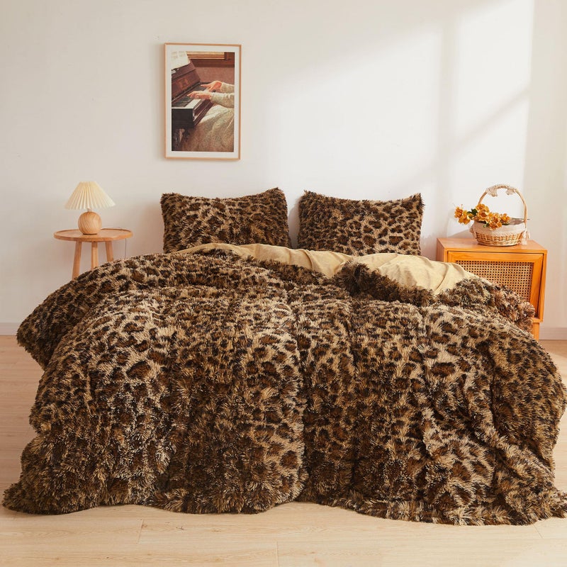 XeGe Cheetah Print Fluffy Faux Fur Duvet Cover Set 3 Pieces Soft Plush Shaggy Fuzzy Bedding Set1 Faux Fur Leopard Print Comforter Cover 2 Furry Pillow Cases Zipper ClosureKing Brown
