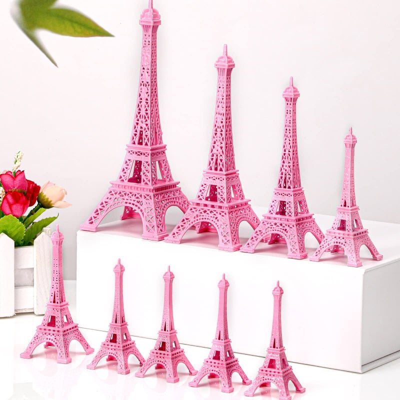 Hotop 9 Pcs Eiffel Tower Statue Decor Alloy Metal Paris Eiffel Tower Party Decoration 5 Size Eiffel Tower Decor French Table Stand Holder Gift for Cake Topper Collectible Figurine Replica Home Pink