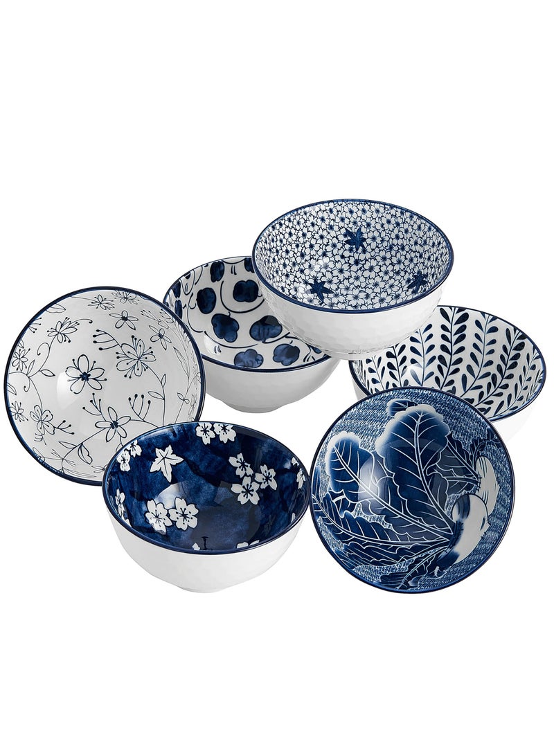 Swuut 6PCS Ceramic Bowls for Kitchen Cereal, Salad, Soup, Rice Bowl Set, Blue and White 4.5 inch - Image 1