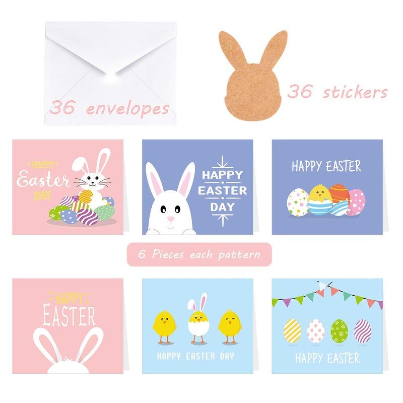 TUPARKA 36 Pack Happy Easter Cards, Easter Greeting Cards Assortment,Spring Note Cards with 36 Envelopes for Kids, 6 Designed - Image 2