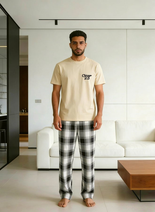 تايك تو مجموعة من بنطال كاروهات وتيشيرت بياقة دائرية مطبوع للرجال - Image 1