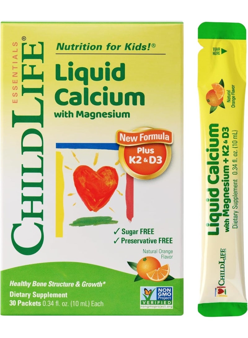 CHILDLIFE ESSENTIALS Liquid Calcium with Magnesium Plus K2 & D3, Natural Orange, 30 Packet, 0.34 fl oz (10 ml) - Image 1