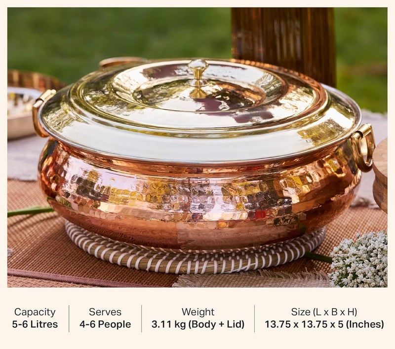 Shaan Pure Copper Hammered Biryani Handi with Brass Lid, Tin-Coated Cooking Pot, Traditional Lagaan Degchi Style, 4L/5L/8L Capacity (8 Liters) - Image 3