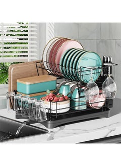 Yoawllty Dish Drying Rack, 2-Tier Dish Drying Stand, Rustproof Dish Drainer Dish Rack, Kitchen Plates Organizer with Utensil Holder, Cups Holder (Black)  - Image 1