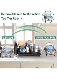 Yoawllty Dish Drying Rack, 2-Tier Dish Drying Stand, Rustproof Dish Drainer Dish Rack, Kitchen Plates Organizer with Utensil Holder, Cups Holder (Black)  - Image 2